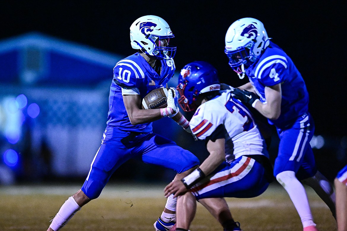 Columbia Falls wide receiver Easton Brooks (10) picks up yardage on a reception in the third quarter against Bigfork at Satterthwaite Field on Friday, Oct. 18. (Casey Kreider/Daily Inter Lake)