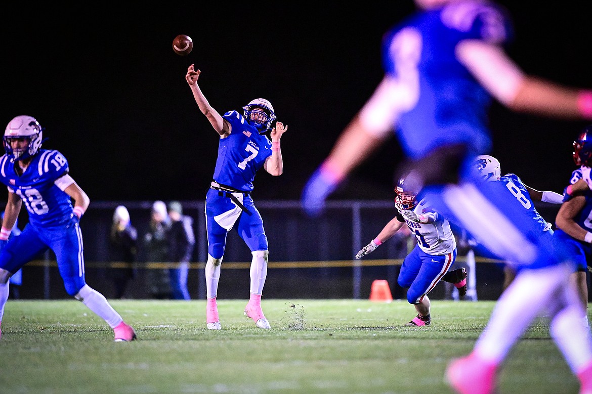 Columbia Falls quarterback Banyan Johnston (7) throws in the third quarter against Bigfork at Satterthwaite Field on Friday, Oct. 18. (Casey Kreider/Daily Inter Lake)