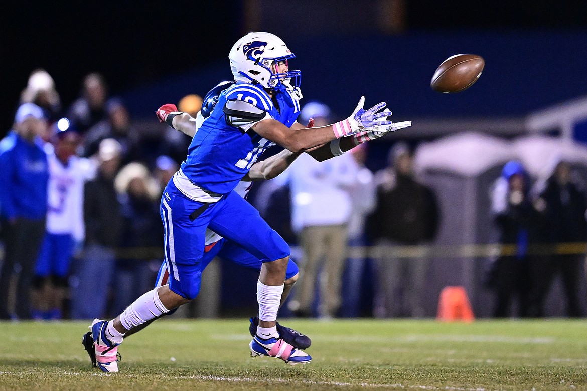 Columbia Falls cornerback Easton Brooks (10) intercepts a pass in the third quarter against Bigfork at Satterthwaite Field on Friday, Oct. 18. (Casey Kreider/Daily Inter Lake)