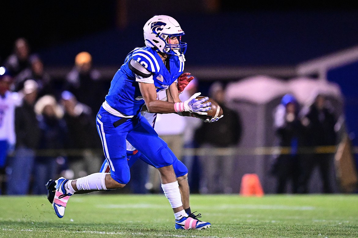 Columbia Falls cornerback Easton Brooks (10) intercepts a pass in the third quarter against Bigfork at Satterthwaite Field on Friday, Oct. 18. (Casey Kreider/Daily Inter Lake)