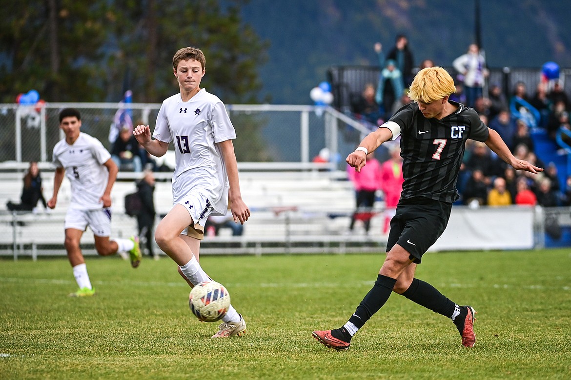 Columbia Falls' River Wolford (7) shoots in the second half of the Class A soccer quarterfinals at Flip Darling Memorial Field on Saturday, Oct. 19. (Casey Kreider/Daily Inter Lake)