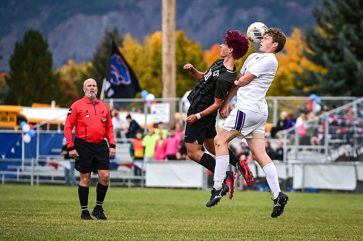 Columbia Falls' Bruno Feijoo Vazquez (10) battles Polson's Roman Sawyer (17) for a header in the first half of the Class A soccer quarterfinals at Flip Darling Memorial Field on Saturday, Oct. 19. (Casey Kreider/Daily Inter Lake)