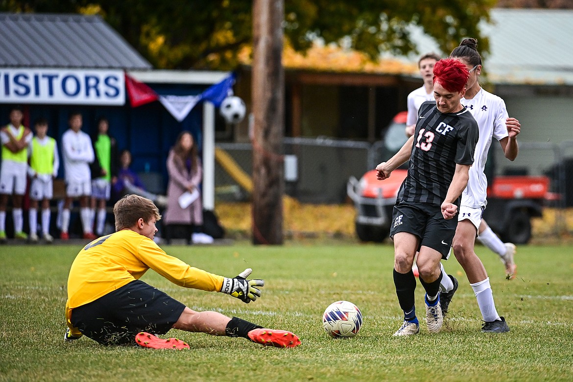 Columbia Falls' Max Everett (13) has a scoring attempt stopped by Polson keeper Maddox Bird in the first half of the Class A soccer quarterfinals at Flip Darling Memorial Field on Saturday, Oct. 19. (Casey Kreider/Daily Inter Lake)