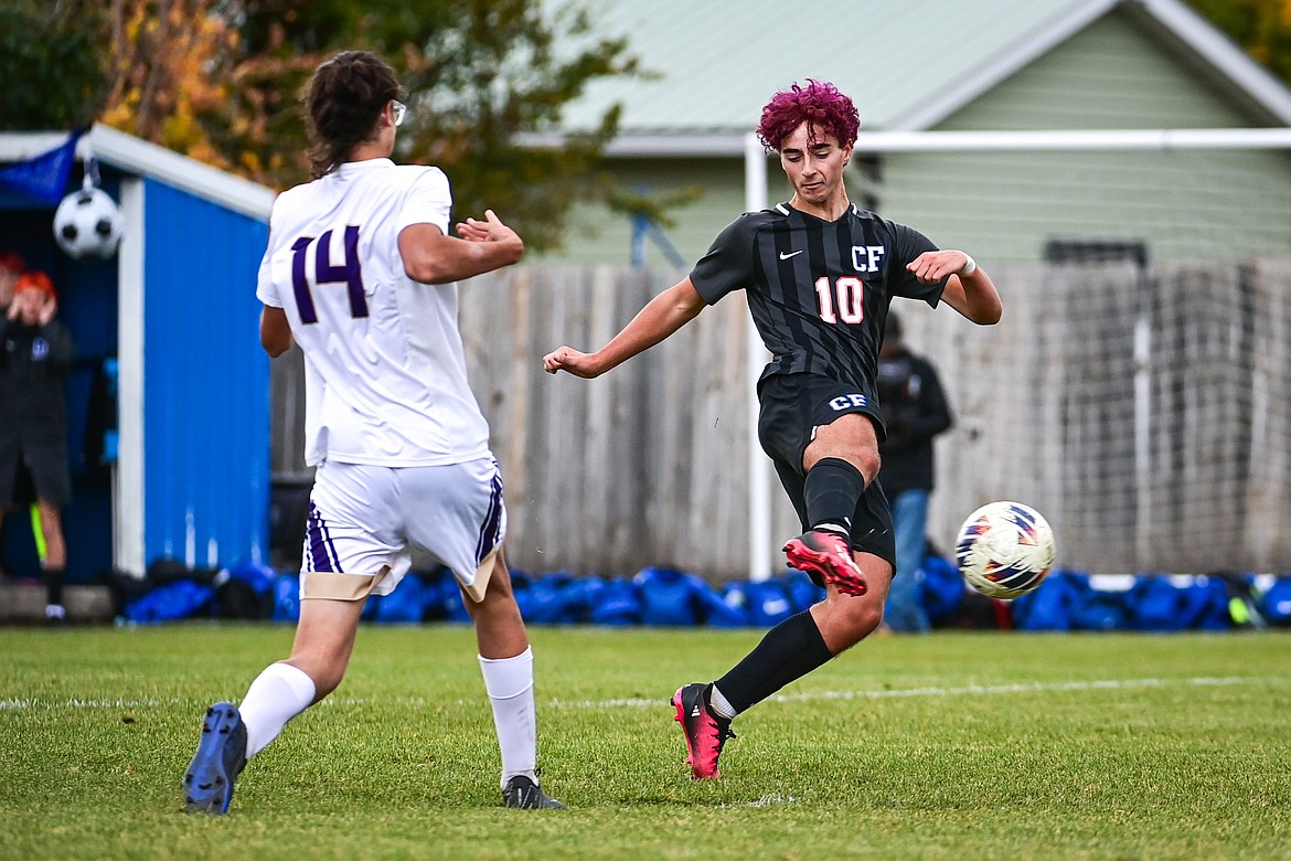 Columbia Falls' Bruno Feijoo Vazquez (10) scores a goal in the second half against Polson during the Class A soccer quarterfinals at Flip Darling Memorial Field on Saturday, Oct. 19. (Casey Kreider/Daily Inter Lake)