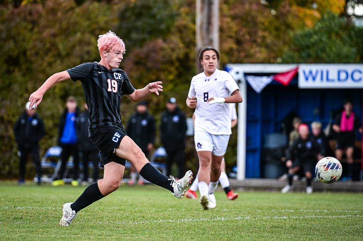 Columbia Falls' Jackson Scholz (19) scores a goal in the second half of the Class A soccer quarterfinals at Flip Darling Memorial Field on Saturday, Oct. 19. (Casey Kreider/Daily Inter Lake)