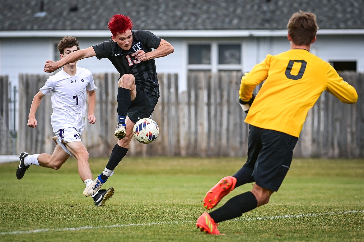 Columbia Falls' Max Everett (13) shoots in the second half of the Class A soccer quarterfinals at Flip Darling Memorial Field on Saturday, Oct. 19. (Casey Kreider/Daily Inter Lake)