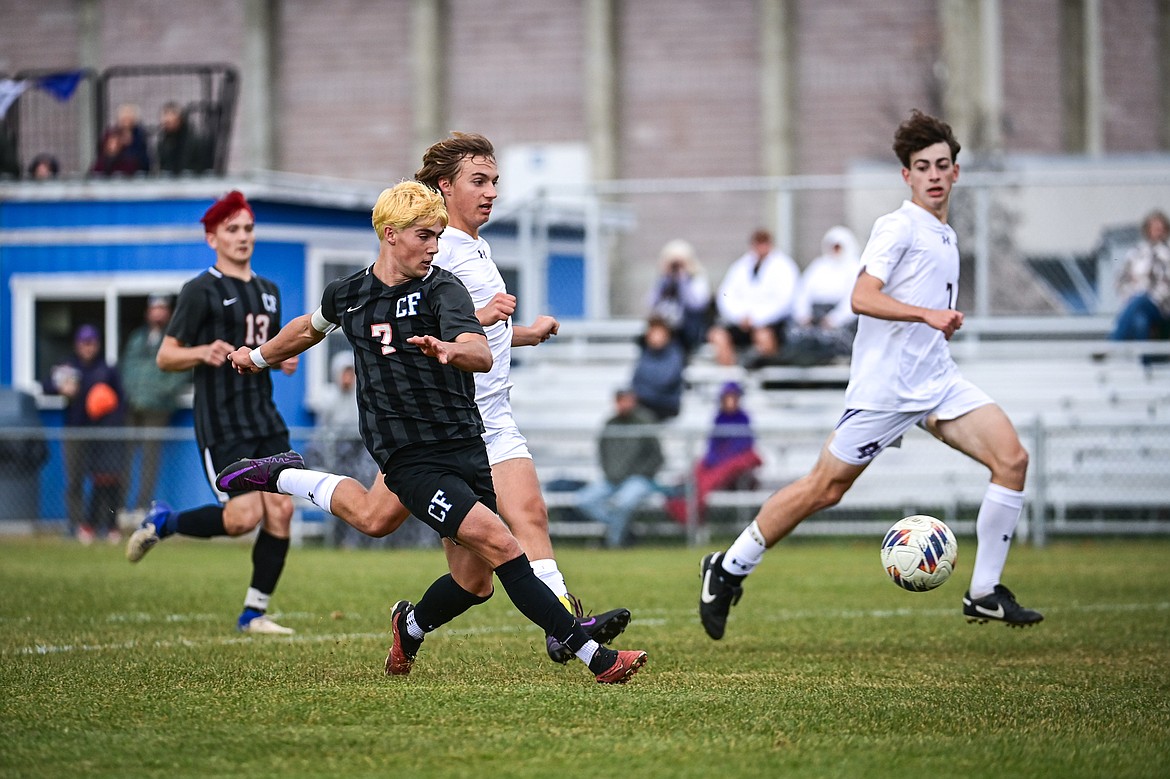 Columbia Falls' River Wolford (7) sends a shot off the goalpost against Polson during the Class A soccer quarterfinals at Flip Darling Memorial Field on Saturday, Oct. 19. (Casey Kreider/Daily Inter Lake)