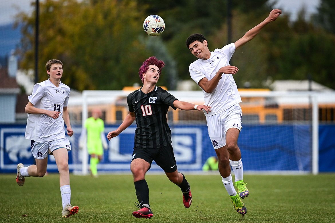 Polson's Dion Lichtenberg (10) and Columbia Falls' Bruno Feijoo Vazquez (10) vie for a ball in the first half during the Class A soccer quarterfinals at Flip Darling Memorial Field on Saturday, Oct. 19. (Casey Kreider/Daily Inter Lake)