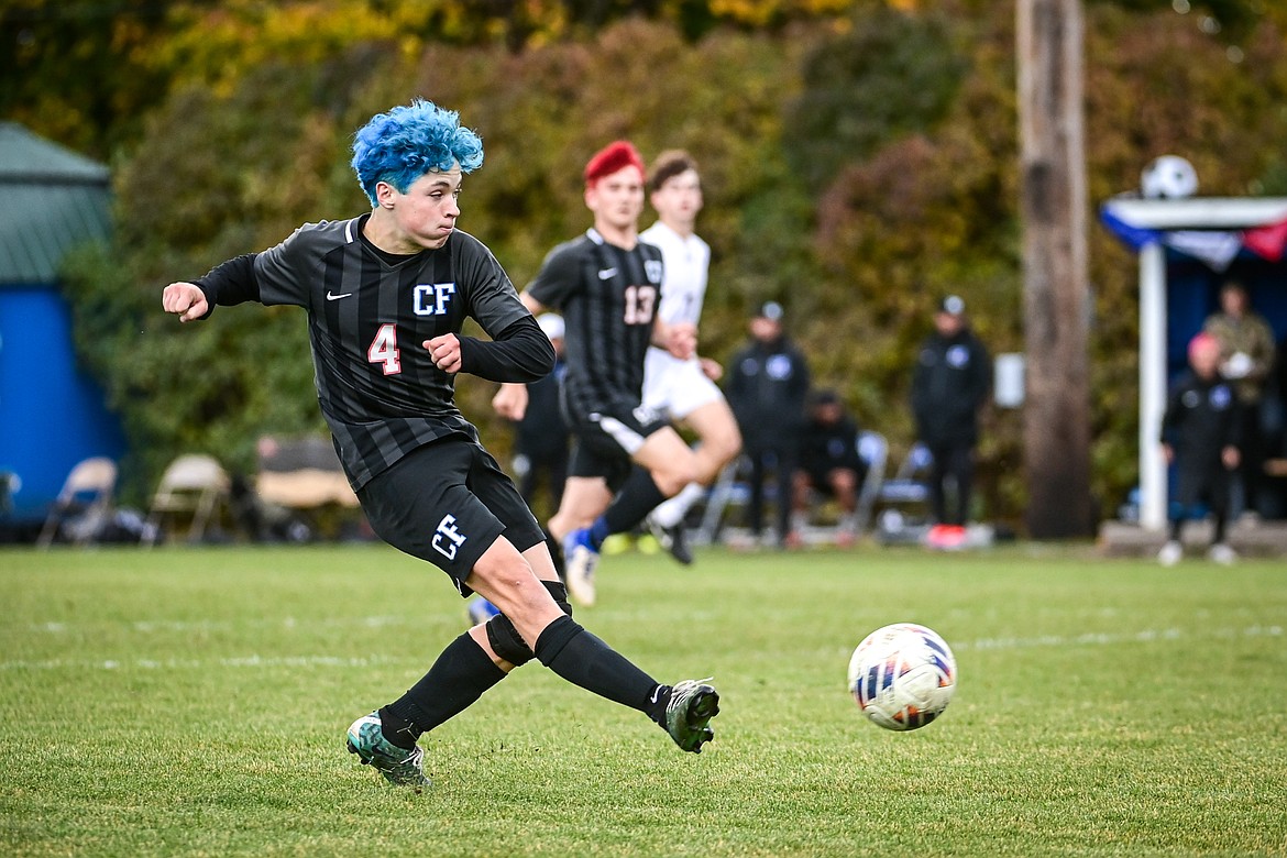 Columbia Falls' Isak Soyland (4) shoots in the second half against Polson during the Class A soccer quarterfinals at Flip Darling Memorial Field on Saturday, Oct. 19. (Casey Kreider/Daily Inter Lake)