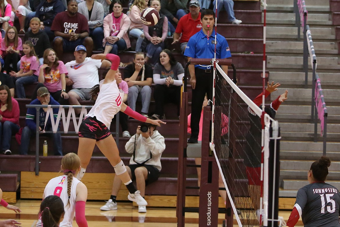 Moses Lake senior Makenna Stuart (10) spikes the ball during a game against Sunnyside on Oct. 10. Stuart had 13 kills and 20 digs against West Valley (Yakima) Thursday.