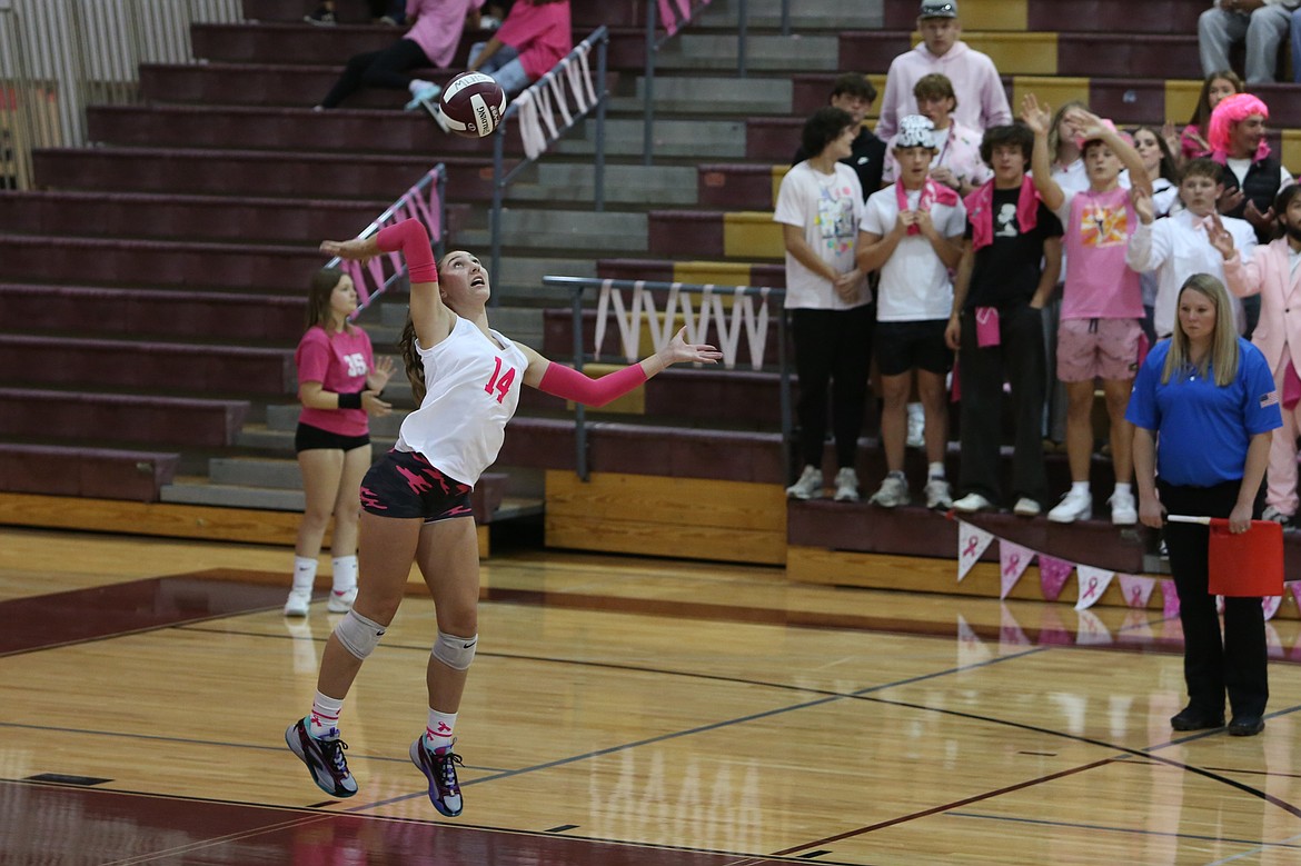 Moses Lake junior Kardyn Martinez serves the ball during an Oct. 10 match against Sunnyside. Martinez had 26 of the 43 Maverick blocks Thursday against West Valley (Yakima).