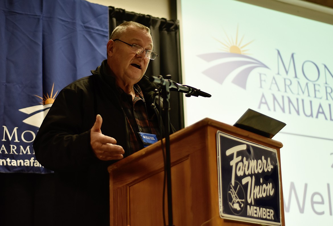 U.S. Sen Jon Tester speaks at the Montana Farmers Union annual convention at Grouse Mountain Lodge in Whitefish on Saturday, Oct. 19, 2024. (Matt Baldwin/Daily Inter Lake)