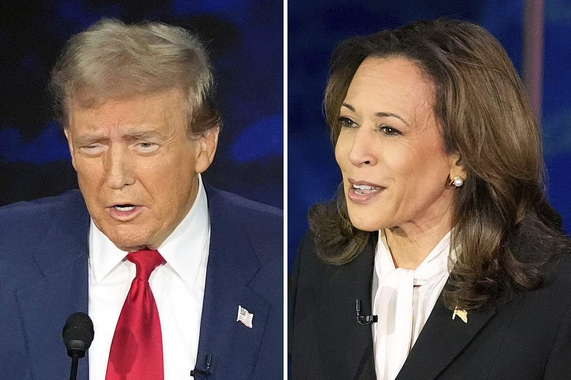 This combination of photos shows Republican presidential nominee former President Donald Trump, left, and Democratic presidential nominee Vice President Kamala Harris during an ABC News presidential debate at the National Constitution Center, Tuesday, Sept. 10, 2024, in Philadelphia. (AP Photo/Alex Brandon, File)