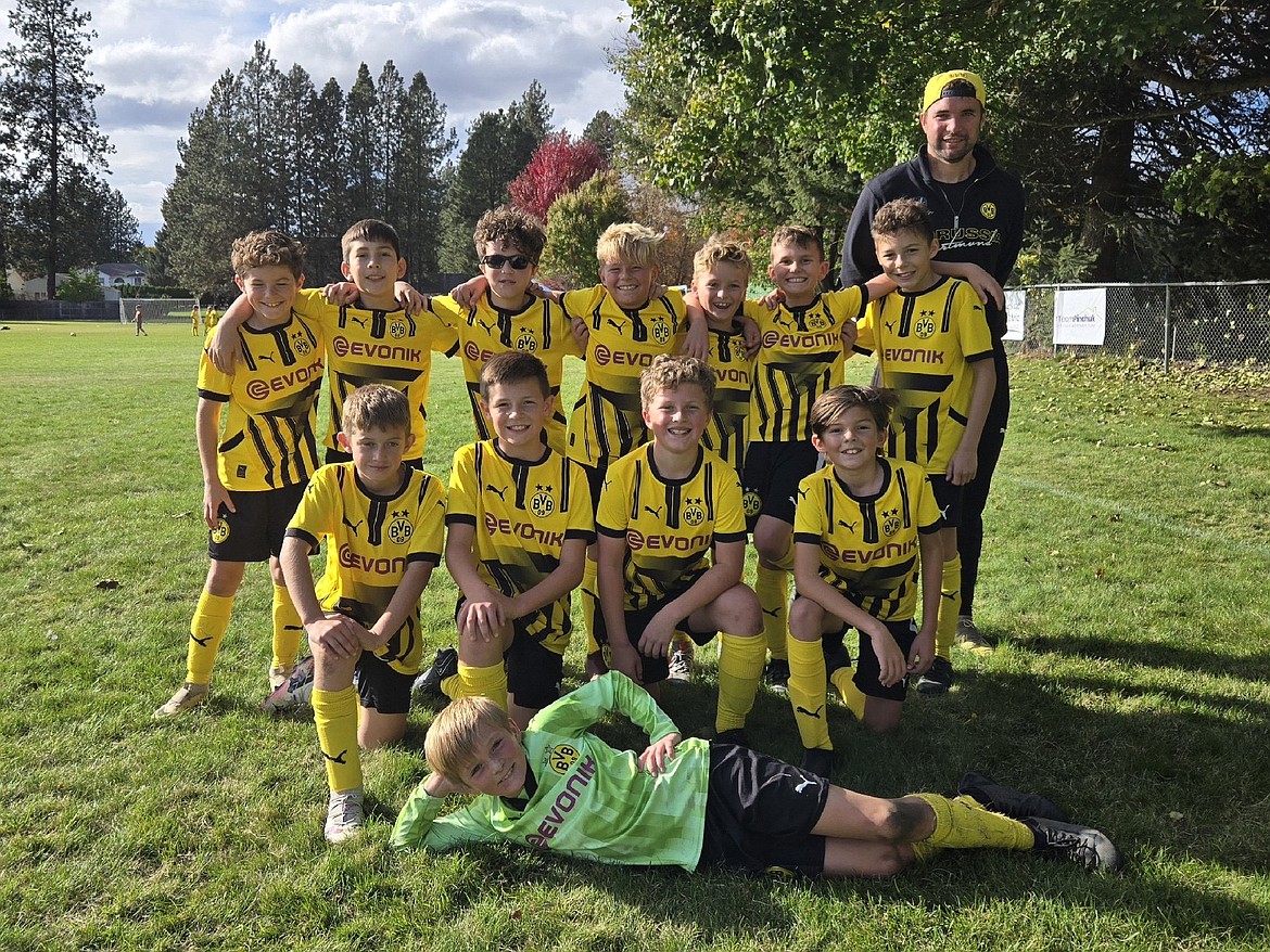 Courtesy photo
The BVBIA CDA Boys U11 Yellow soccer team hosted Sandpoint FC 2014B Red last Saturday. In the front is Ezra Herzog; second row from left, Samuel Mojzis, Carter Marine, Thatcher Lechlietner and Griffin Curry; back row from left, Luke Johnson, Andres Lujan, Graysen Higgins, Jett Crandall, Landon Skiles, Ben Erickson and Collin Pinchuk; and rear, coach Ross Kuhn.