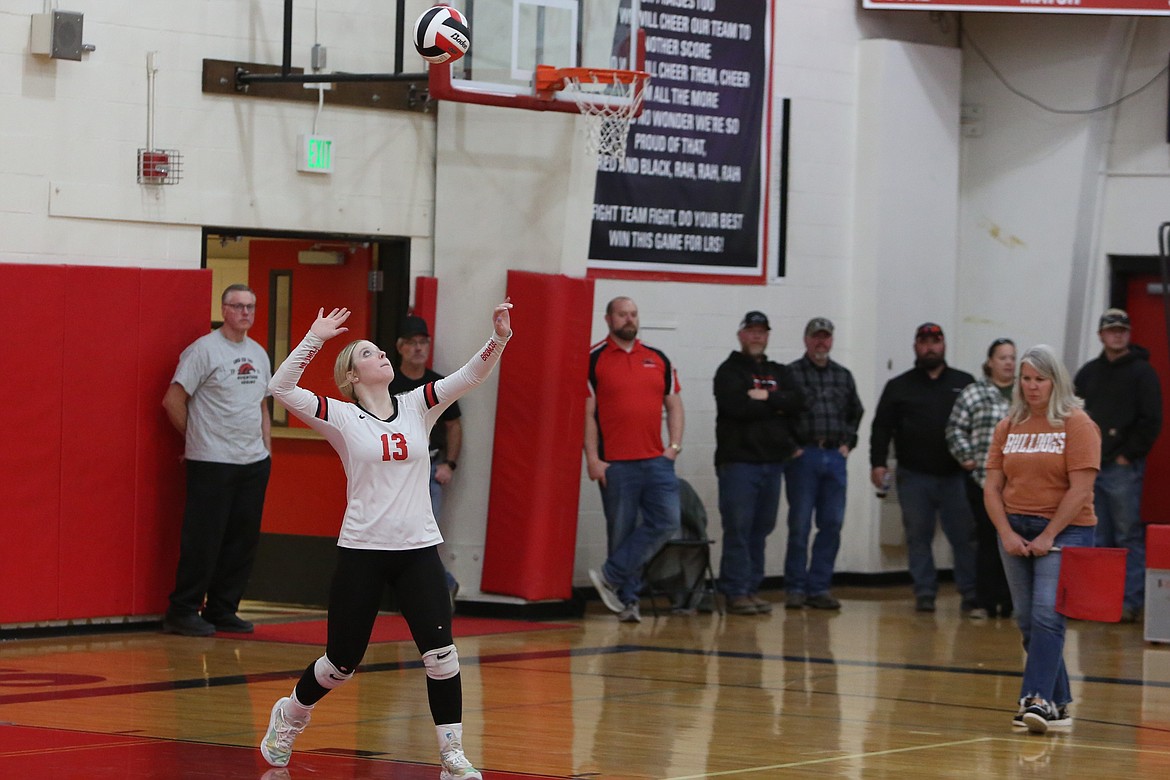 Lind-Ritzville/Sprague senior Madisyn Cameron serves the ball Saturday against Manson.