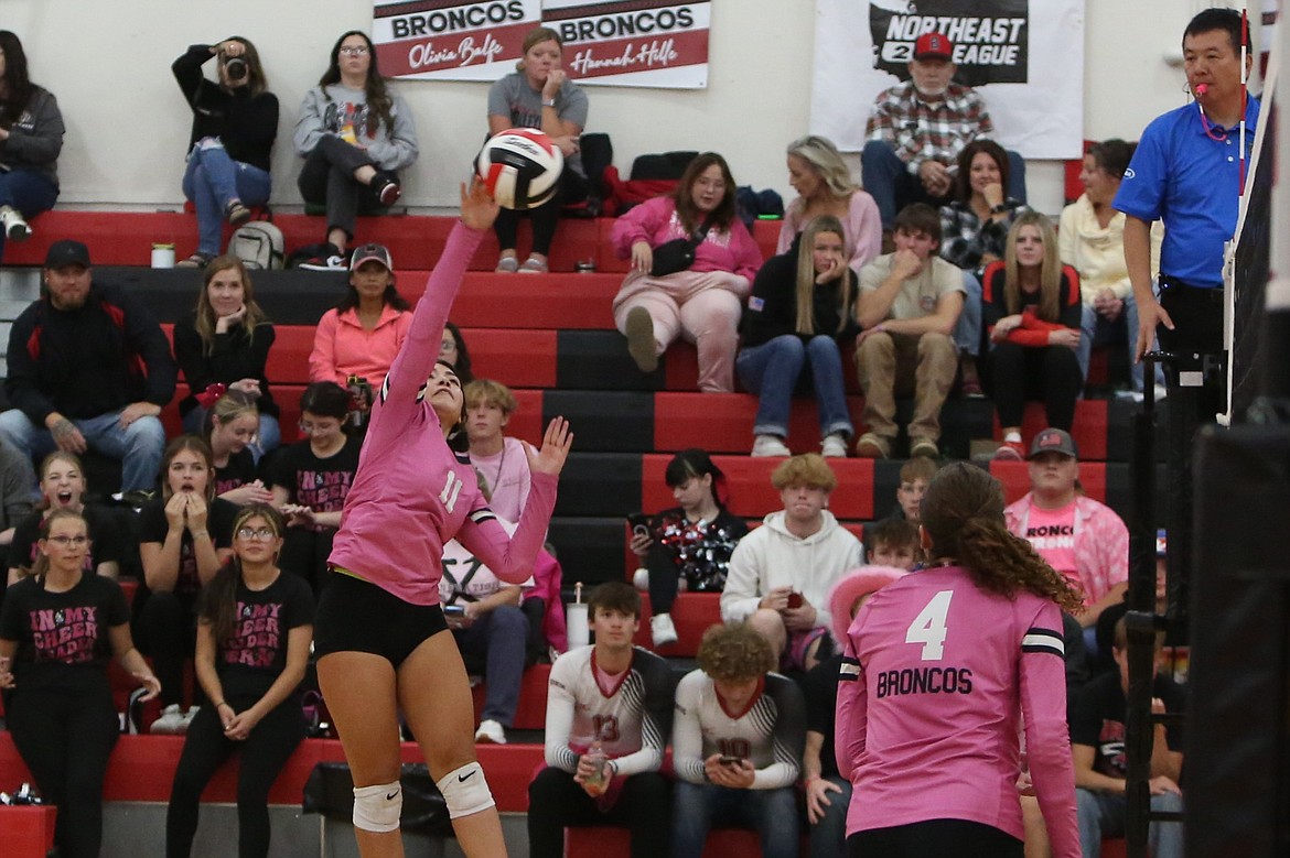 Lind-Ritzville/Sprague sophomore Alessandra Mendez (11) rises up to spike the ball during the second set against Manson.