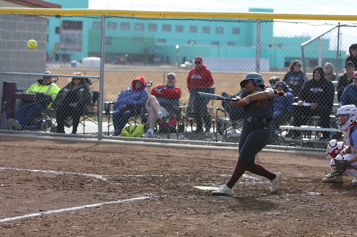 Moses Lake sophomore Amelia Avalos makes contact with a pitch during Saturday’s Columbia Basin Big 9 district championship game against Eastmont. Every Maverick starter recorded at least one hit in the win.