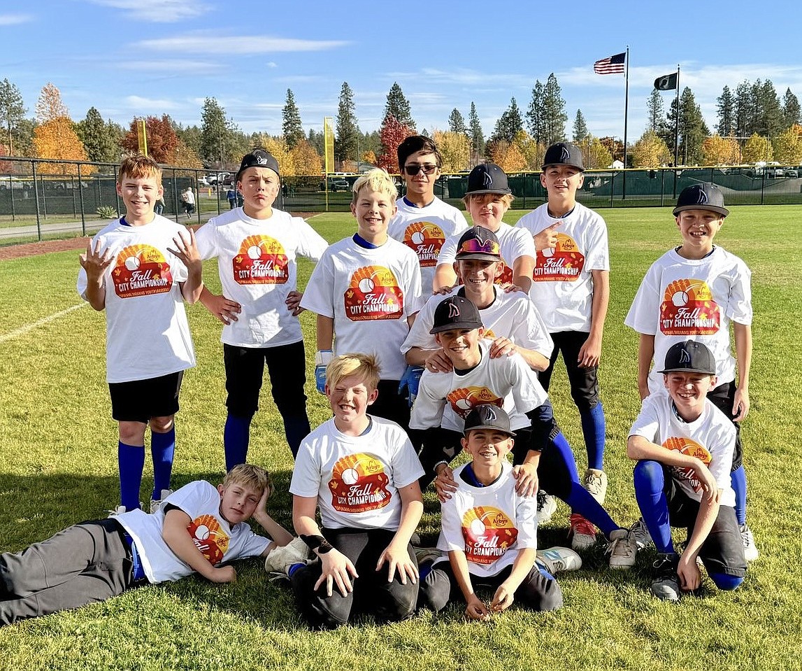 Courtesy photo
The U12 North Idaho Sharks won the Spokane Indians fall U13 baseball league, going 9-0 while outscoring their opponents 123-35. In the front row from left (on ground or squatting) are Kellan Larson, Koa Fenter, Brody Williams, Easton Henderson, Nolan Haley and Jacob Briner; and standing from left are Ryder Washburn, Ashton Elwell, Cason Bishop, Carson Perkins, Kingston Howard, Beck Odenthal and Colin Schreiber.