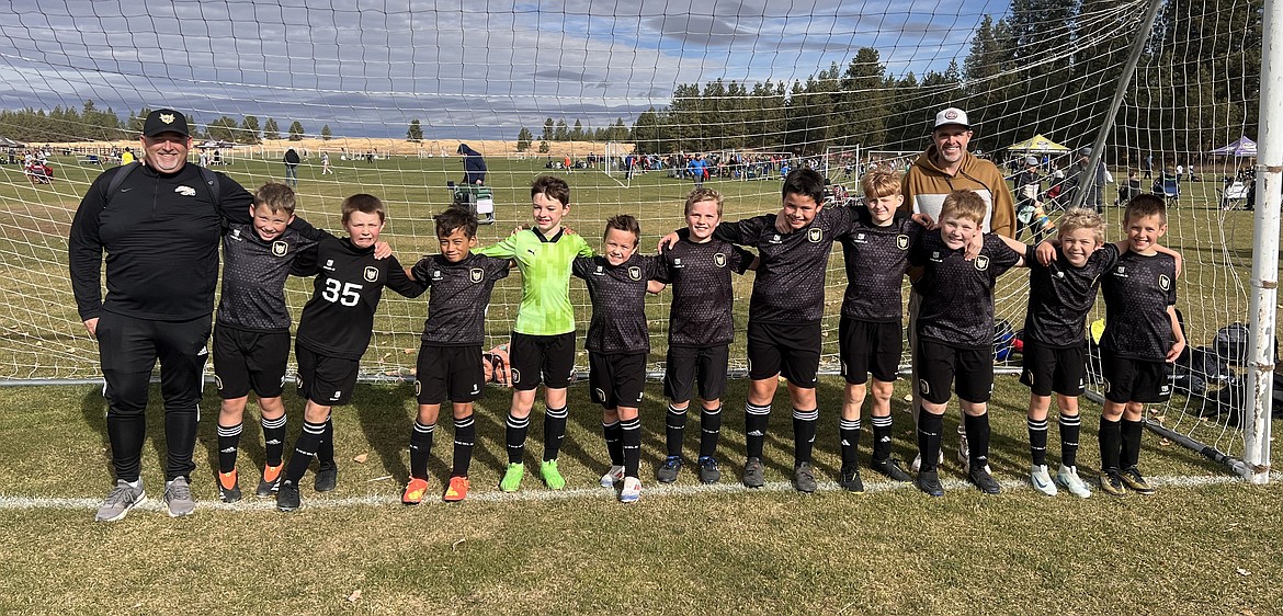 Courtesy photo
The Sting Soccer Club 15 Boys Black team defeated the Spokane Shadow Juniors B2015 Anderson Valley 6-2 last weekend. From left are coach Ian McKenna, Matthew Clair, Henry Richter, Joseph Means, Levi Sandoval, Porter Caten, Jake Mitchell, Trent Fierro, Harrison Poole, Jett Jameson, Sawyer Spencer and Matthew Shandy; and rear, coach Alex Caten.