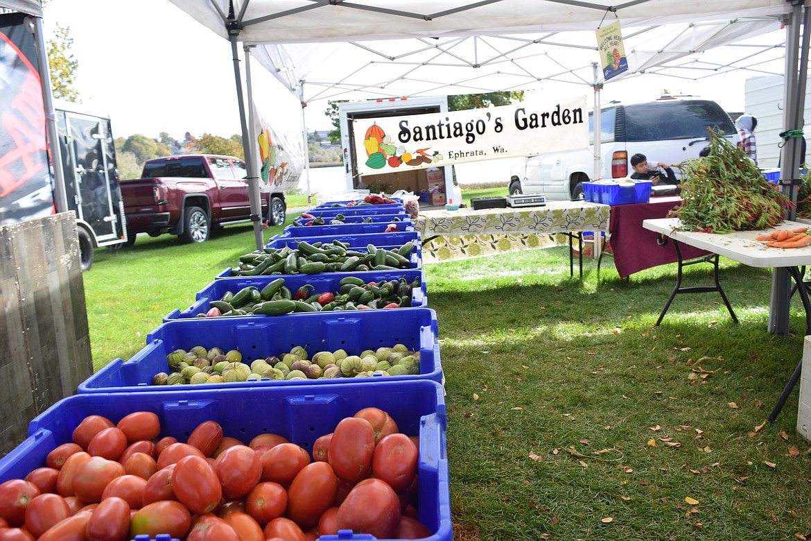 Rows of produce line the Santiago’s Garden booth, which sells everything from peppers to apples. The stand is family owned and operated.