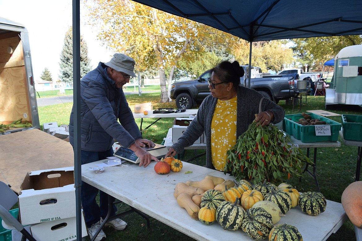 Petra Dafolia purchased a bundle of peppers from Santiago’s Garden before heading to another stand to buy decorative pumpkins.