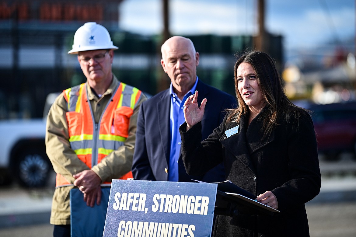 Rep. Courtenay Sprunger speaks during a press conference highlighting infrastructure investments with Gov. Greg Gianforte and Montana Department of Transportation Deputy Director Larry Flynn at the Reserve Drive road construction project on Tuesday, Oct. 22. (Casey Kreider/Daily Inter Lake)