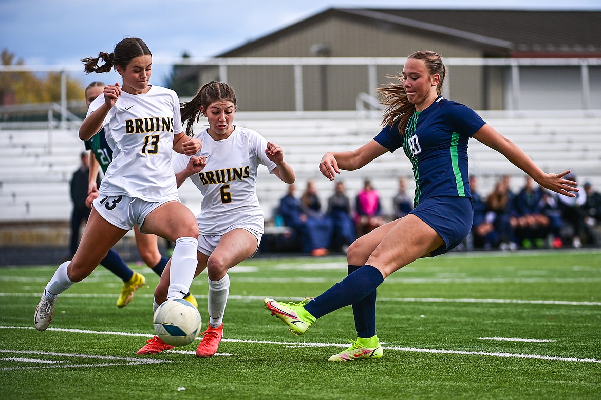 Glacier's Gracie Winkler (10) sends a shot towards the goal in the second half against Helena Capital in the first round of the Class AA playoffs at Legends Stadium on Tuesday, Oct. 22. (Casey Kreider/Daily Inter Lake)