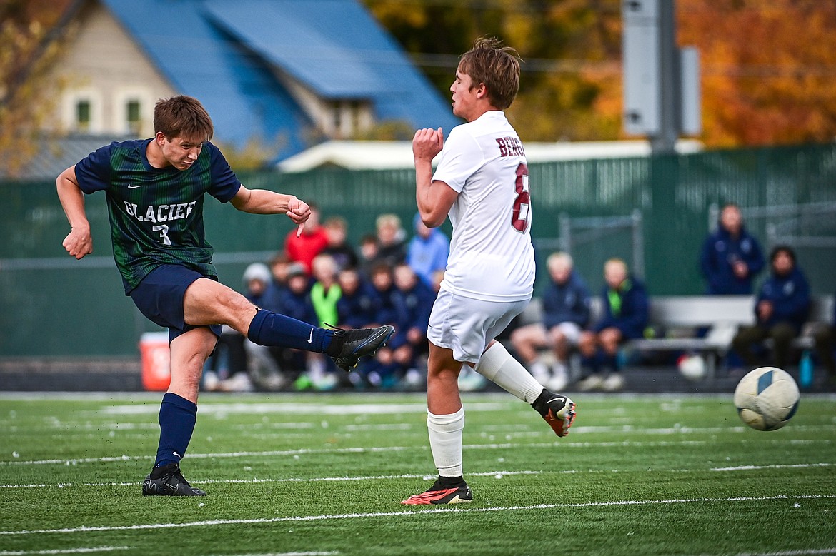 Glacier's Elias Holly (3) sends a shot towards the goal in the first half against Helena in the first round of the Class AA playoffs at Legends Stadium on Tuesday, Oct. 22. (Casey Kreider/Daily Inter Lake)