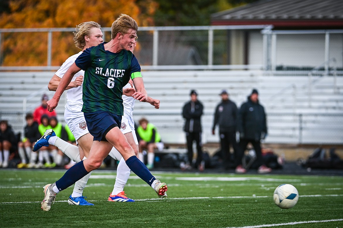 Glacier's Liam Ells (6) scores a goal in the first half against Helena in the first round of the Class AA playoffs at Legends Stadium on Tuesday, Oct. 22. (Casey Kreider/Daily Inter Lake)