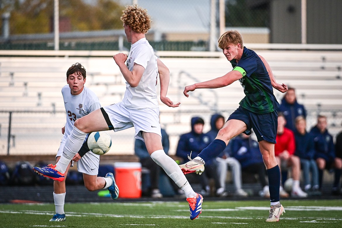 Glacier's Liam Ells (6) sends a shot towards the goal in the second half against Helena in the first round of the Class AA playoffs at Legends Stadium on Tuesday, Oct. 22. (Casey Kreider/Daily Inter Lake)