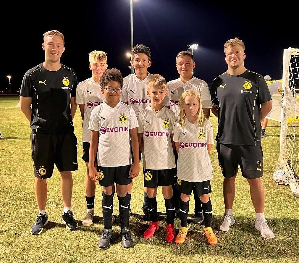 Courtesy photo
BVBIA CDA had six players invited to the BVB International Academy School of Excellence Western Regional event in Tucson, Ariz. In the front row from left are Aron Tell, Luca Riley and Stein Berk; and back row from left, coach Vincent Sander, Elias Herzog, Sebastian Guitron, Ethan Macpherson and coach Florian Ingwersen.