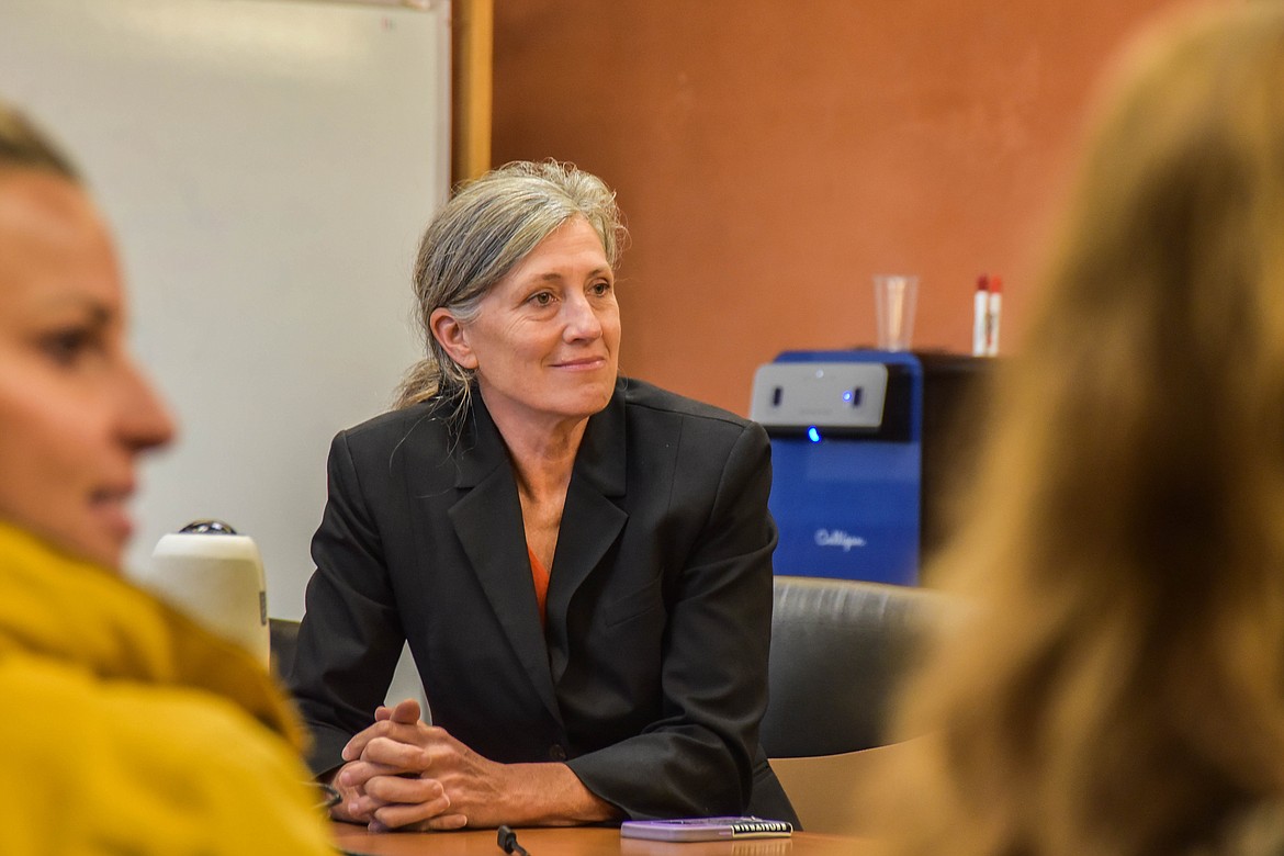 Monica Tranel, Democratic candidate for Congress against Rep. Ryan Zinke, spoke to childcare advocates at a round table in Kalispell on Oct. 21, 2024. (Kate Heston/Daily Inter Lake)