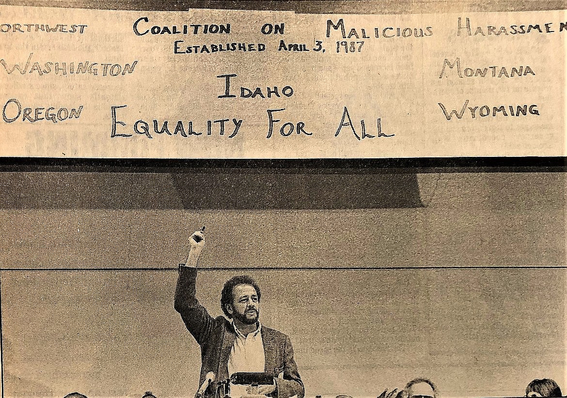 In 1987, Bill Wassmuth speaks at a North Idaho College forum that helped launch the Northwest Coalition Against Malicious Harassment.