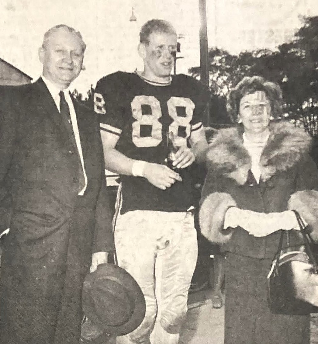 In 1964, Joe Chapman celebrates with his parents, Mr. and Mrs. Joe Chapman Sr., after he led Idaho to a 28-13 win over Washington State.