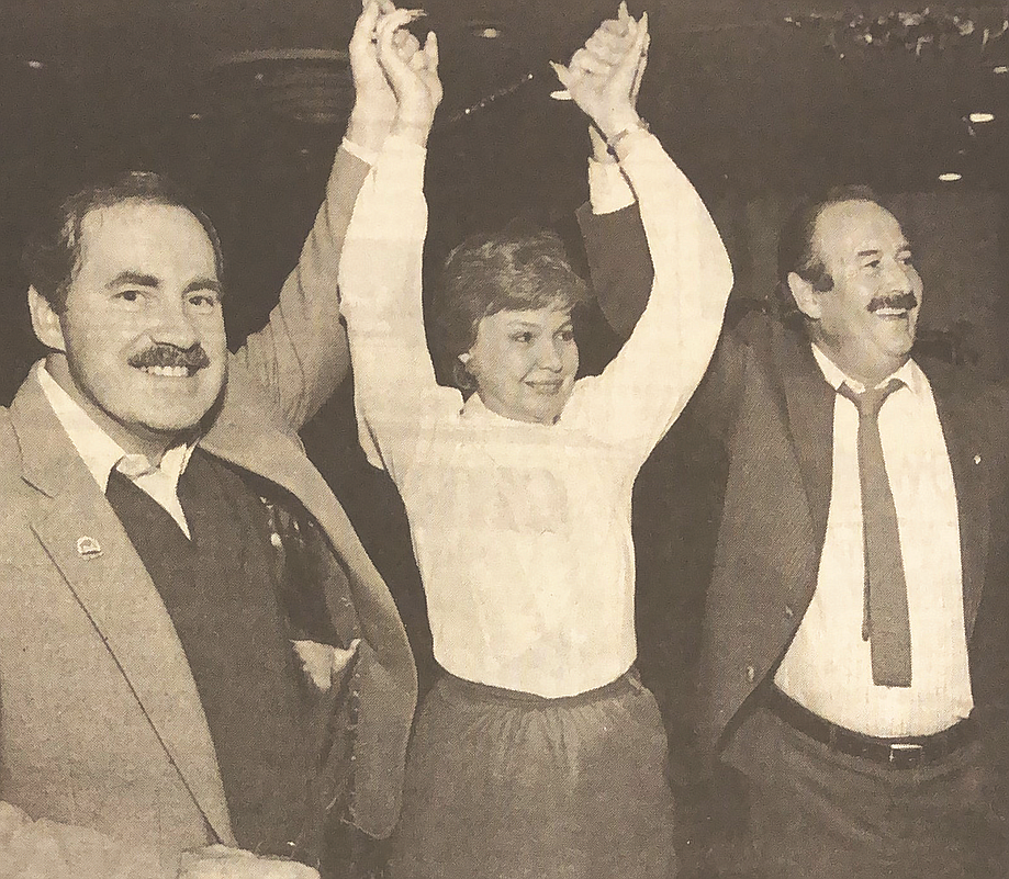 In 1987, Ron Edinger, right, celebrates one of his city council election wins with fellow incumbents Bob Macdonald and Dixie Reid.