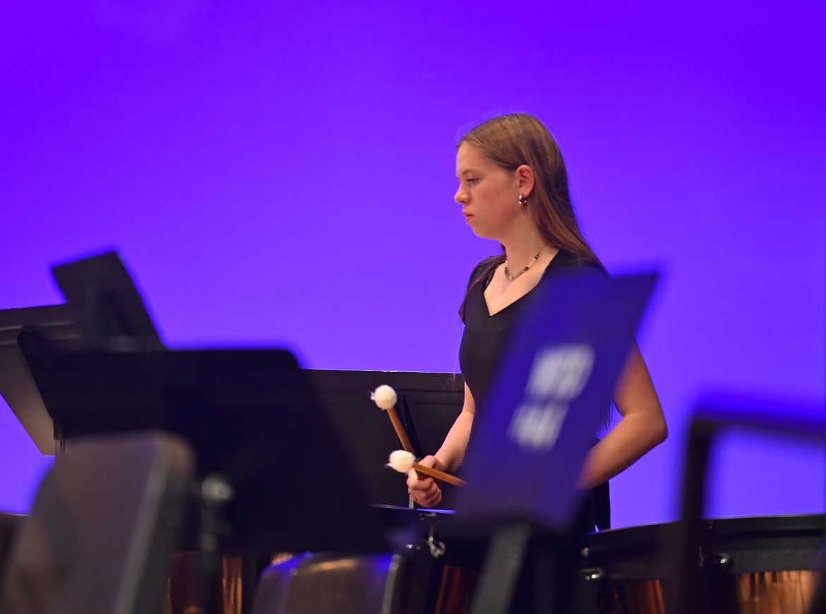 Junior Maren Cromie on timpani at the fall band concert. (Kelsey Evans/Whitefish Pilot)