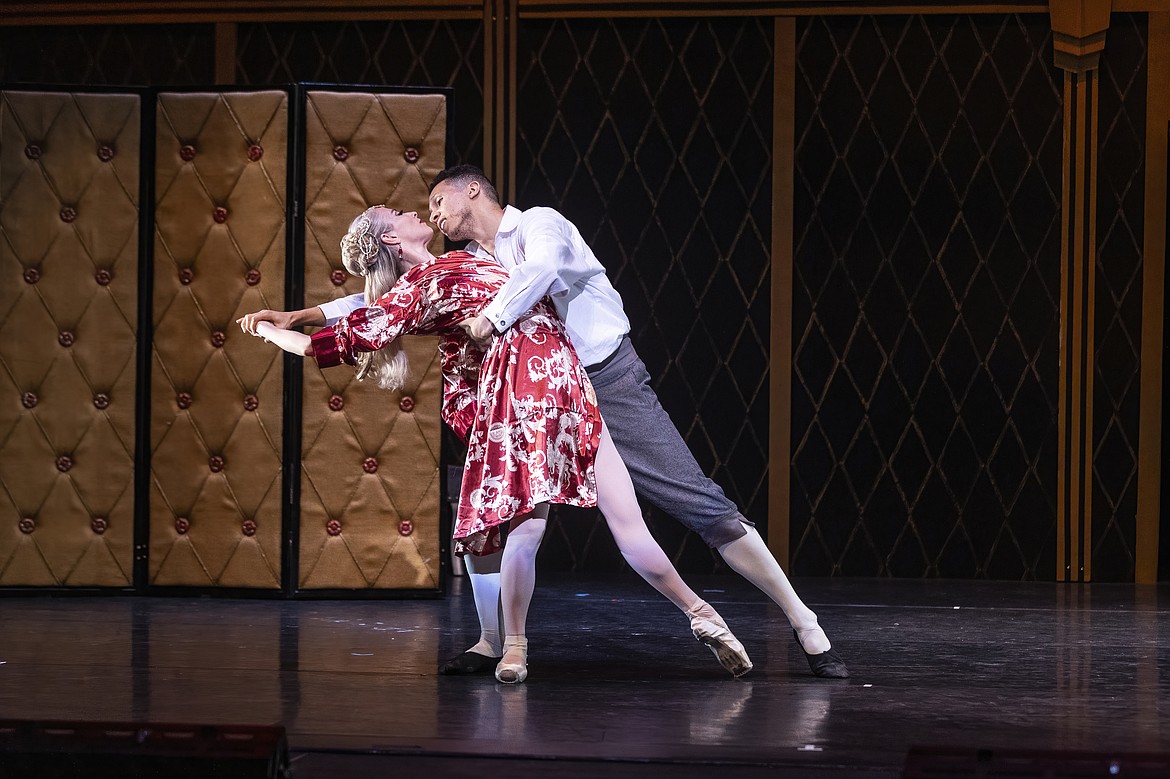 The Prima Donna and about-to-be murder victim (Ashley Bontrager), left, dances with the Principal Male Dancer (Gustavo Ramirez) in Ballet Fantastique’s production of “Murder at the Ballet.” The ballet will take the stage Friday at the Wallenstien Theater in Moses Lake.