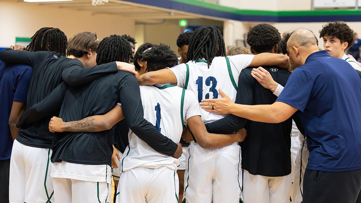 The Big Bend men’s basketball team huddles up during a game against Walla Walla last winter. The Vikings finished the 2023-24 season with a 10-18 overall record.