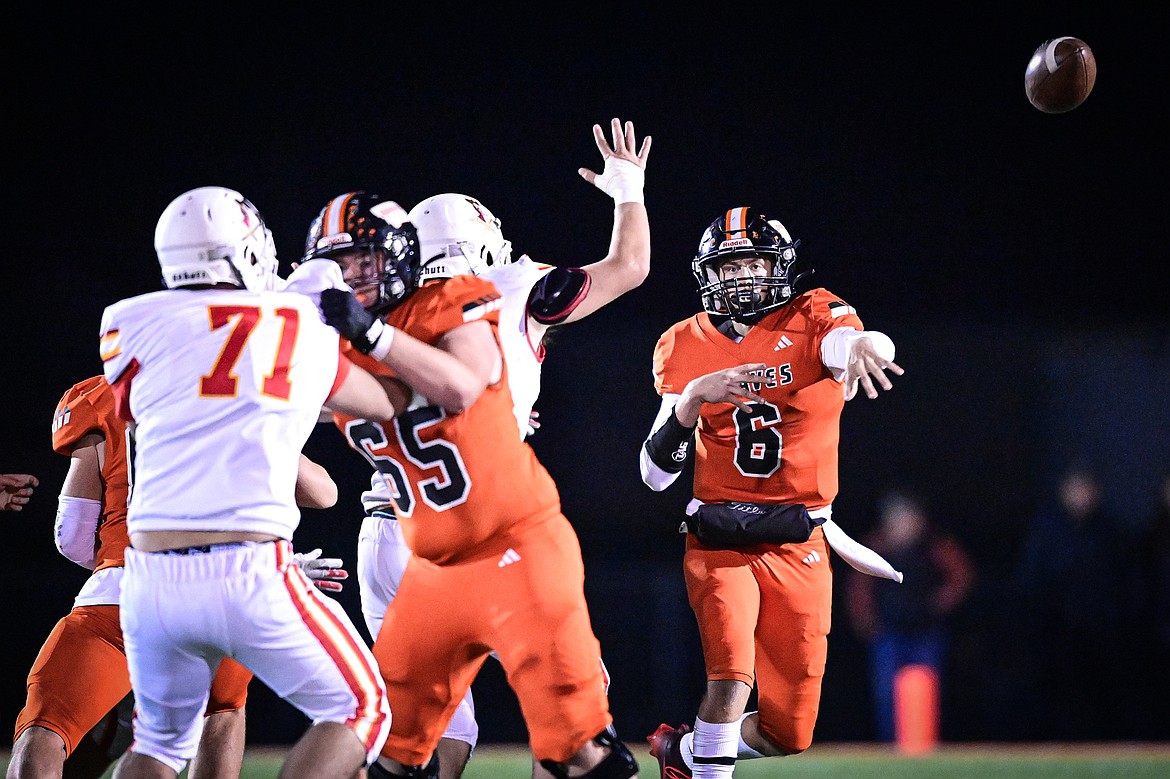 Flathead quarterback Eli Coopman (6) drops back to pass in the second quarter against Missoula Hellgate at Legends Stadium on Friday, Oct. 25. (Casey Kreider/Daily Inter Lake)