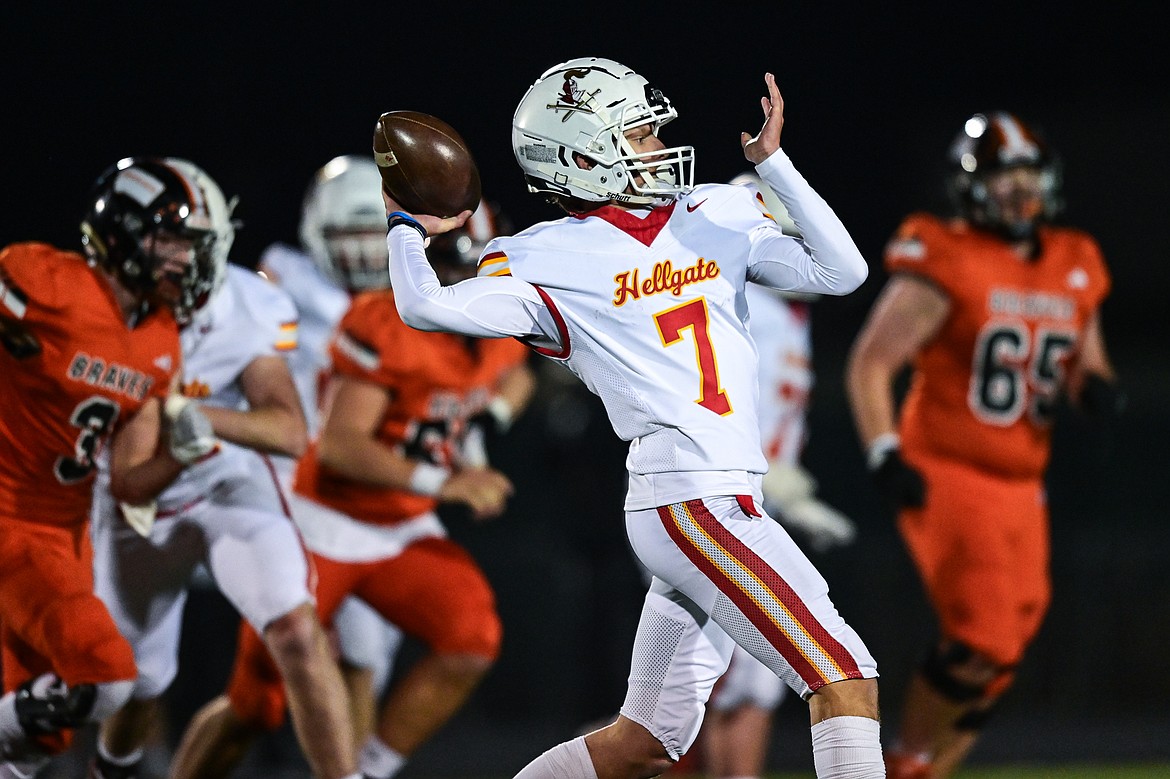 Hellgate quarterback Vince Paffhausen (7) throws downfield in the third quarter against Flathead at Legends Stadium on Friday, Oct. 25. (Casey Kreider/Daily Inter Lake)