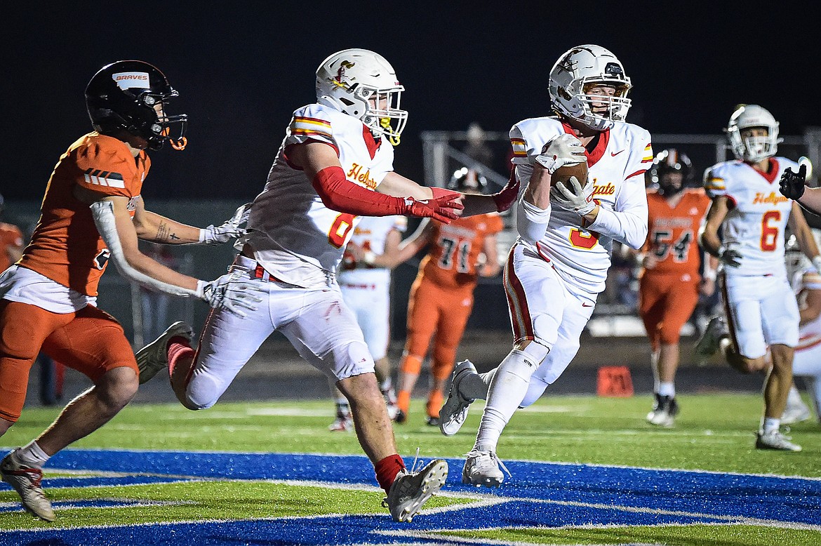 Hellgate defensive back Parker Link (3) intercepts a pass in the end zone in the second quarter against Flathead at Legends Stadium on Friday, Oct. 25. (Casey Kreider/Daily Inter Lake)