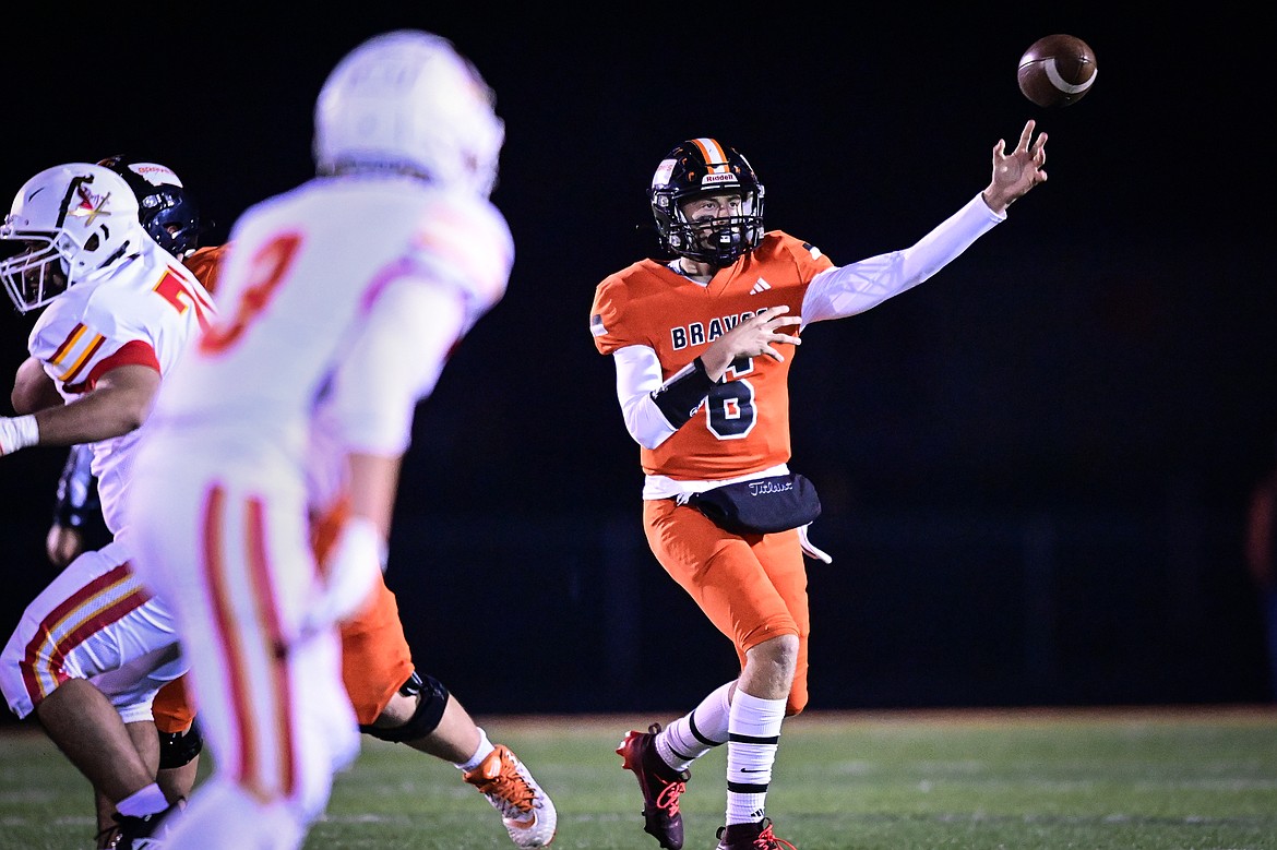 Flathead quarterback Eli Coopman (6) drops back to pass in the second quarter against Missoula Hellgate at Legends Stadium on Friday, Oct. 25. (Casey Kreider/Daily Inter Lake)