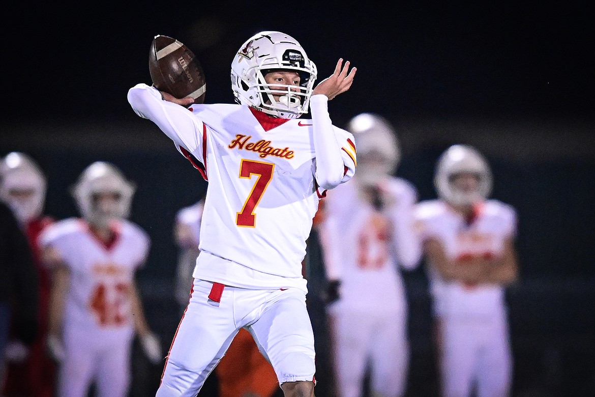 Hellgate quarterback Vince Paffhausen (7) throws downfield against Flathead at Legends Stadium on Friday, Oct. 25. (Casey Kreider/Daily Inter Lake)