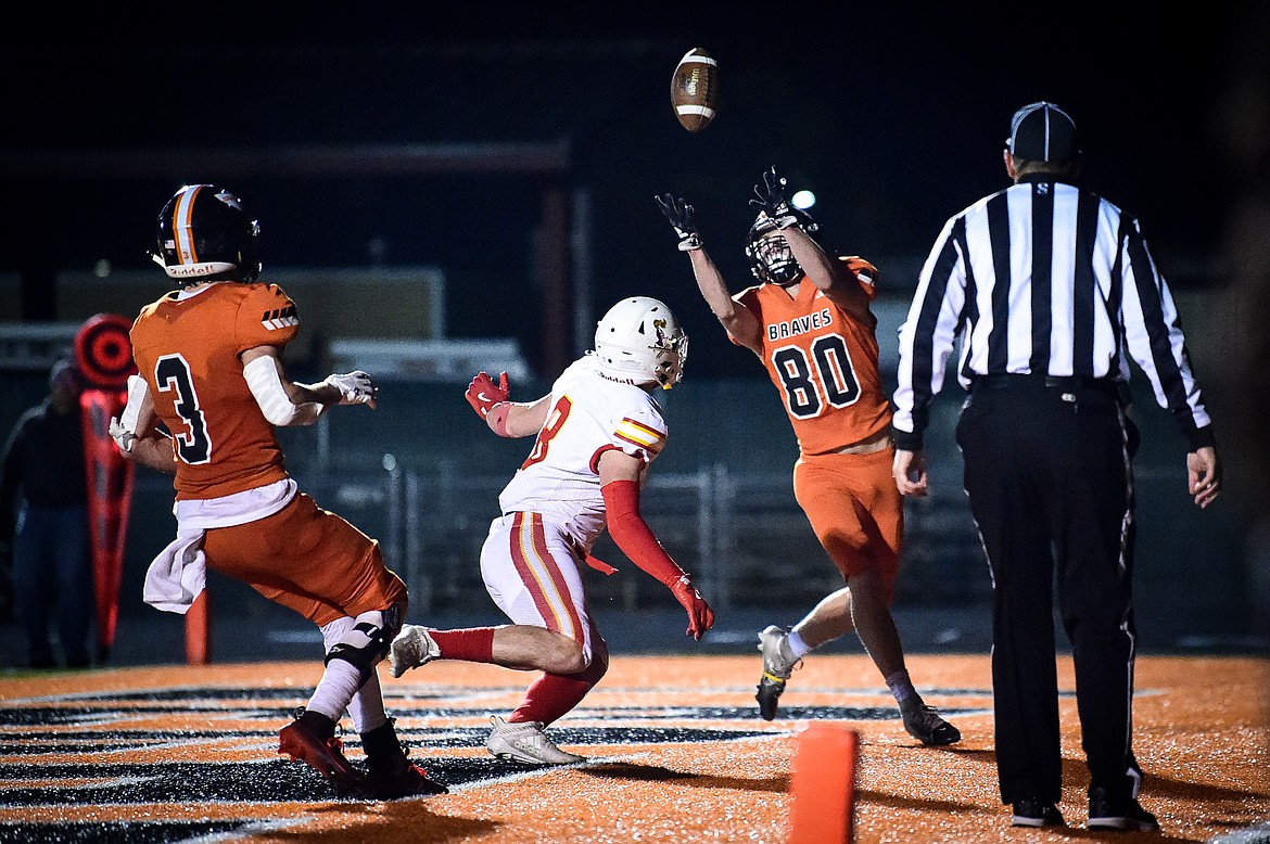 Flathead wide receiver Jack Blodgett (80) catches a touchdown reception in the fourth quarter against Missoula Hellgate at Legends Stadium on Friday, Oct. 25. (Casey Kreider/Daily Inter Lake)