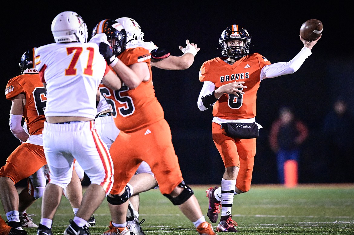 Flathead quarterback Eli Coopman (6) drops back to pass in the second quarter against Missoula Hellgate at Legends Stadium on Friday, Oct. 25. (Casey Kreider/Daily Inter Lake)