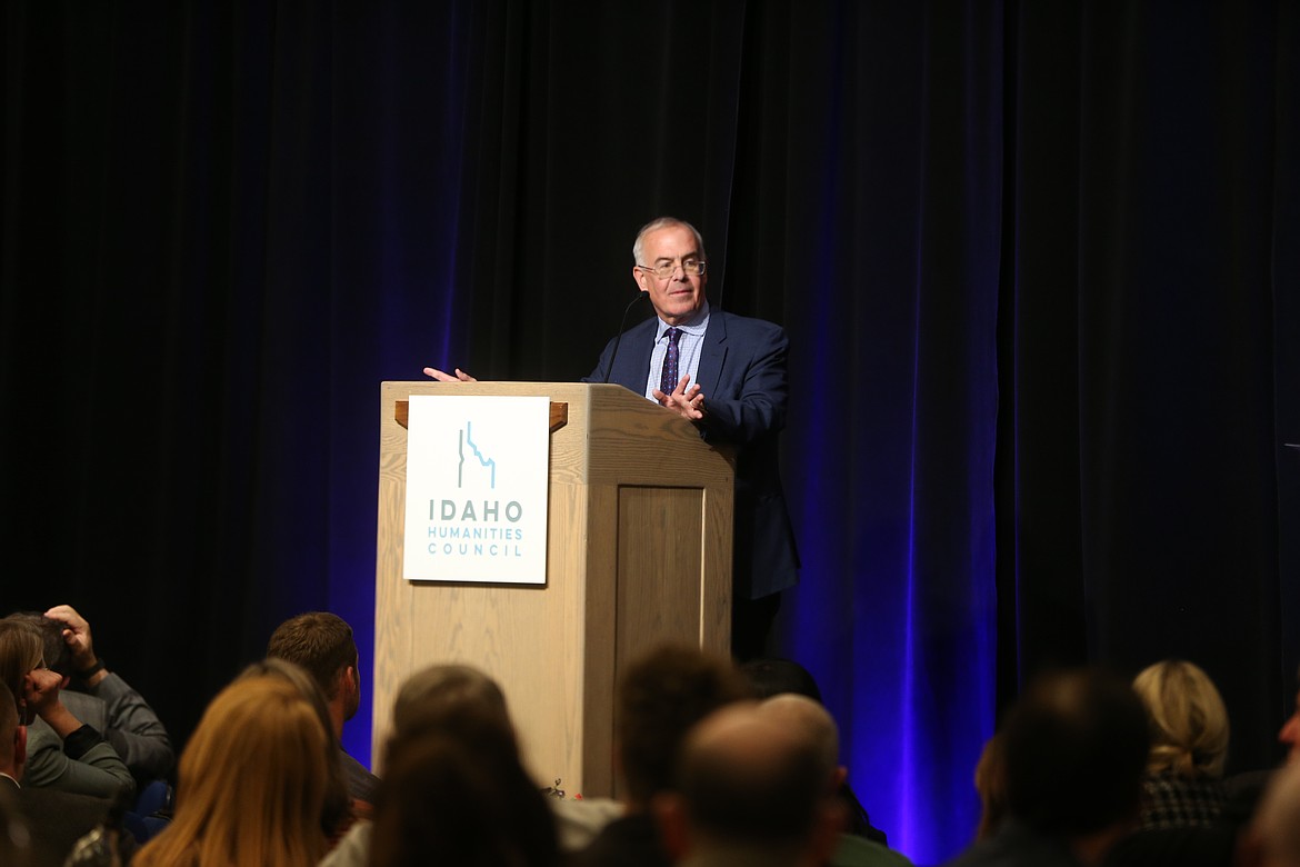 David Brooks addresses the largest crowd to ever attend the Idaho Humanities Council’s annual North Idaho Distinguished Lecture and Dinner at The Coeur d'Alene Resort as he speaks Thursday night on the importance of basic social skills and other aspects of restoring humanity to a dehumanized society.