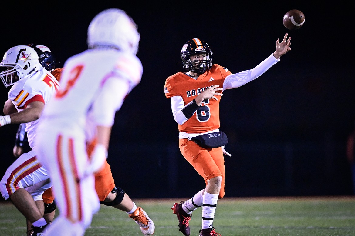 Flathead quarterback Eli Coopman (6) drops back to pass in the second quarter against Missoula Hellgate at Legends Stadium on Friday, Oct. 25. (Casey Kreider/Daily Inter Lake)