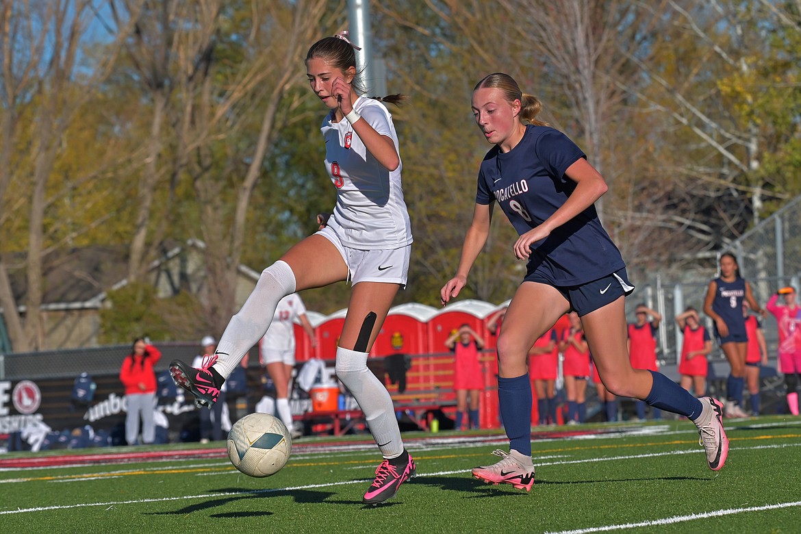 Sandpoint High junior Ava Glahe looks to pass while being pressured by Pocatello's Brynlee Pool.