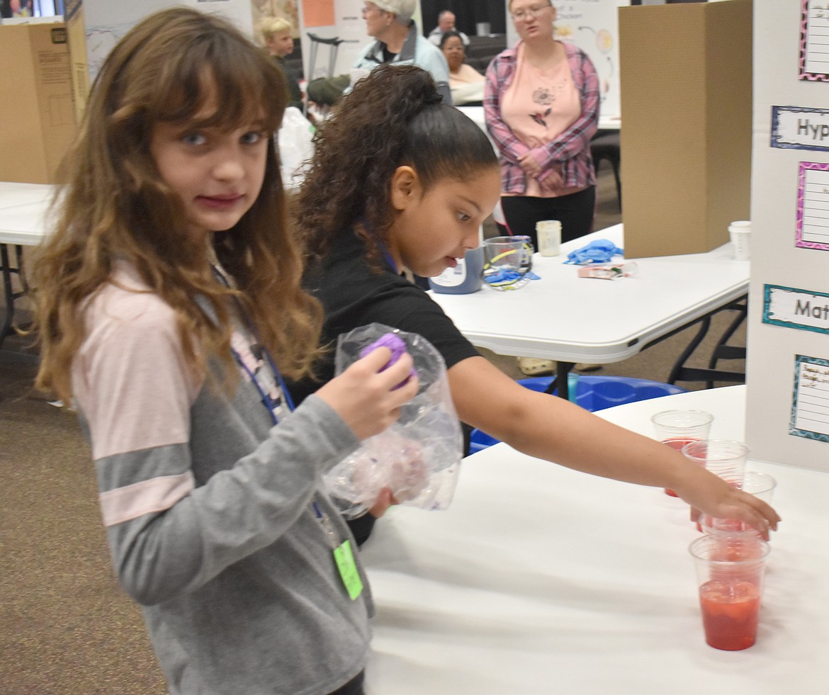 Isla Fortner, left, and Ceana Davis check out a display that examines which fruits will ruin a gelatin dessert and why.