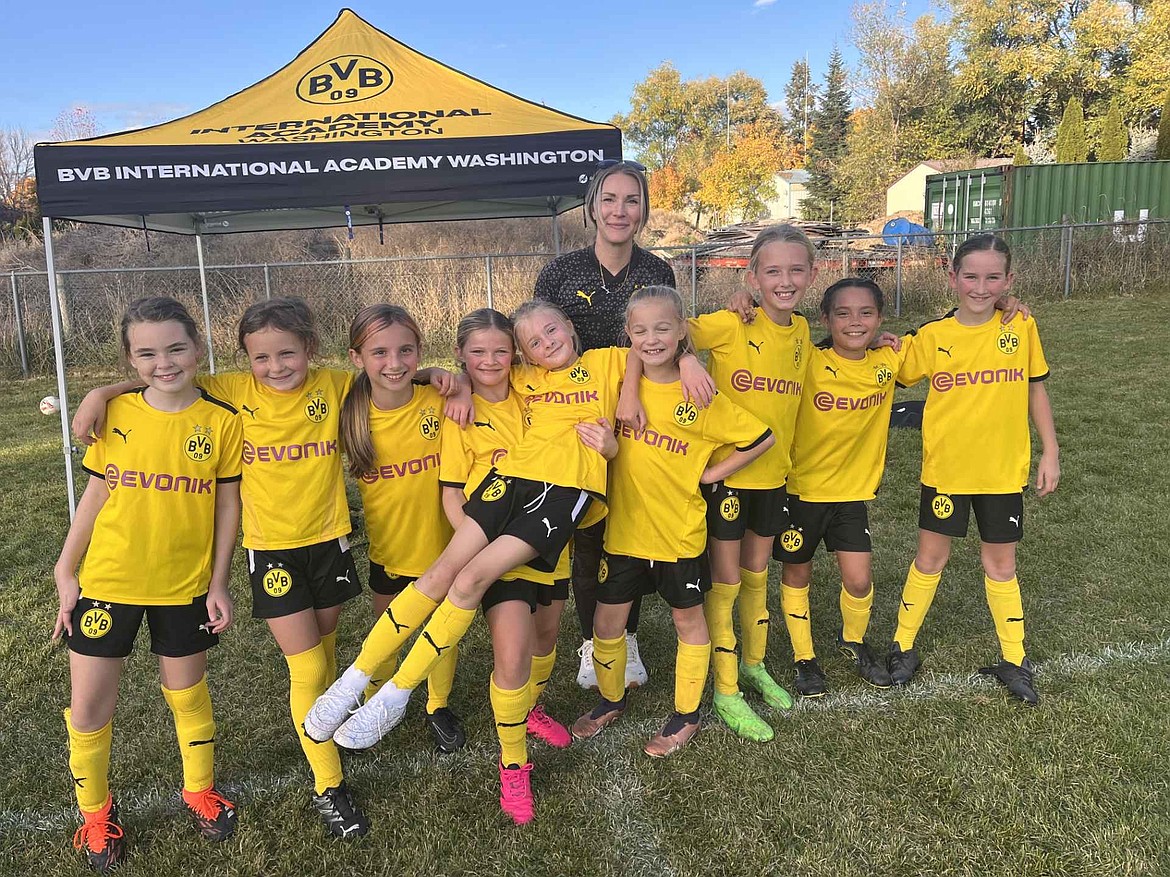 Courtesy photo
The BVBIA CDA Girls U10 soccer team finished its fall season undefeated with a 10-1 win against Storm FC on Saturday afternoon. From left are Delilah Morris, Milena Tate, Hadley Burton, Adelle Paine, London Tierney, Memphis Tate, Lucille Thomas, Finley Matheson and Piper Raber; and rear, coach Amity Whittaker.